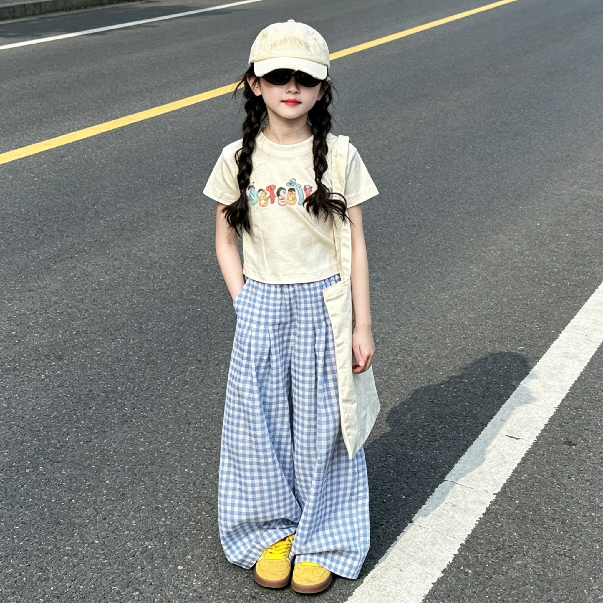 女童夏季休闲套装2026新款中大童卡通短袖宽松格子阔腿裤两件套韩