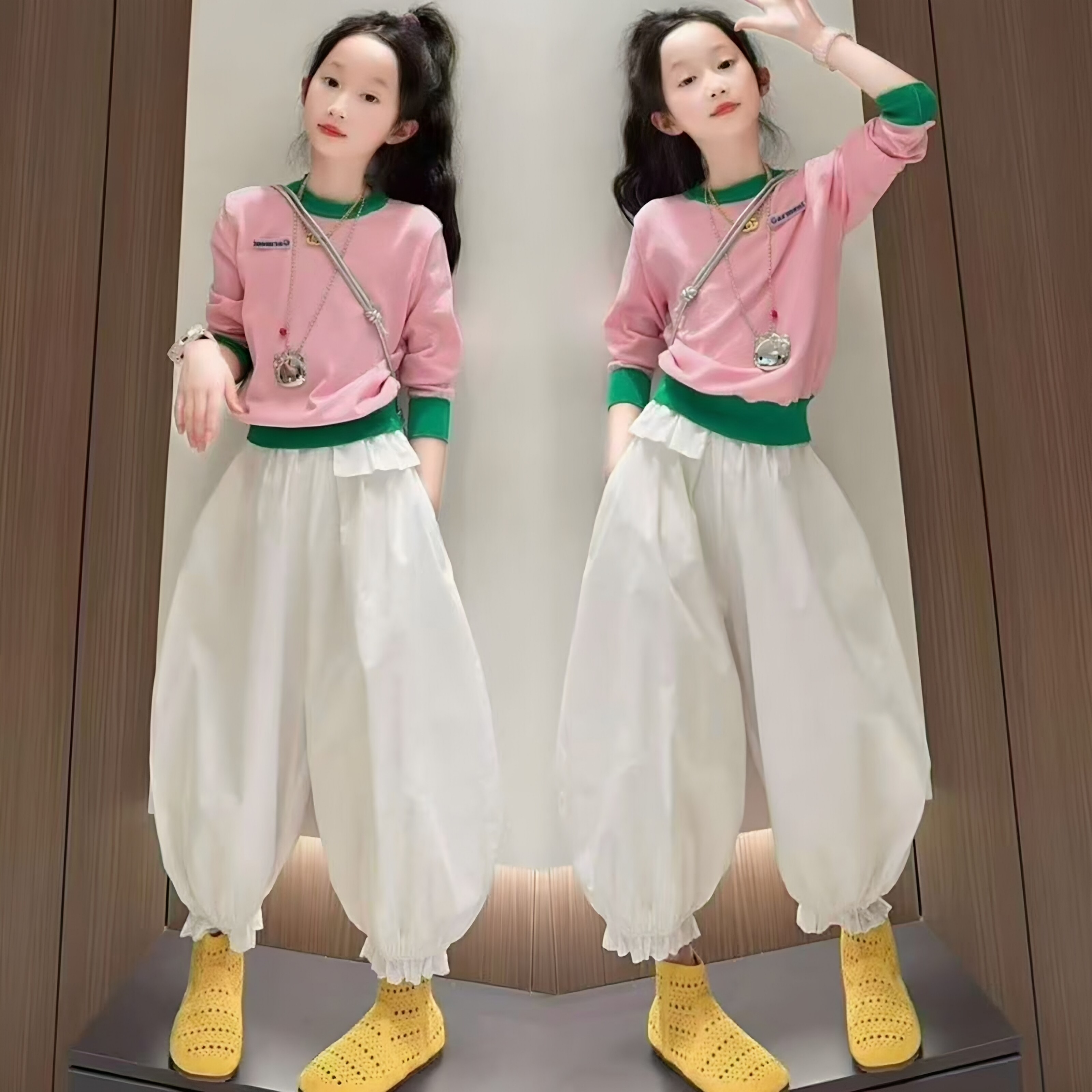 女童圆领防晒针织衫灯笼裤套装