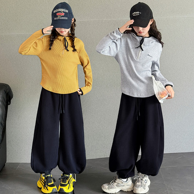 女童半拉链针织帽衫灯笼裤套装