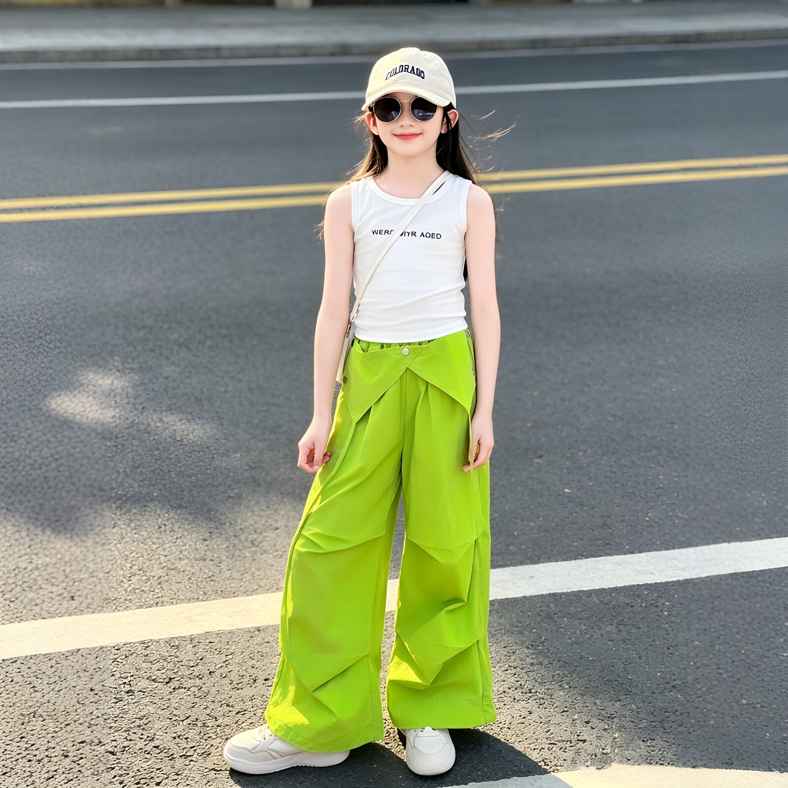 女童荧光绿工装裤字母背心套装