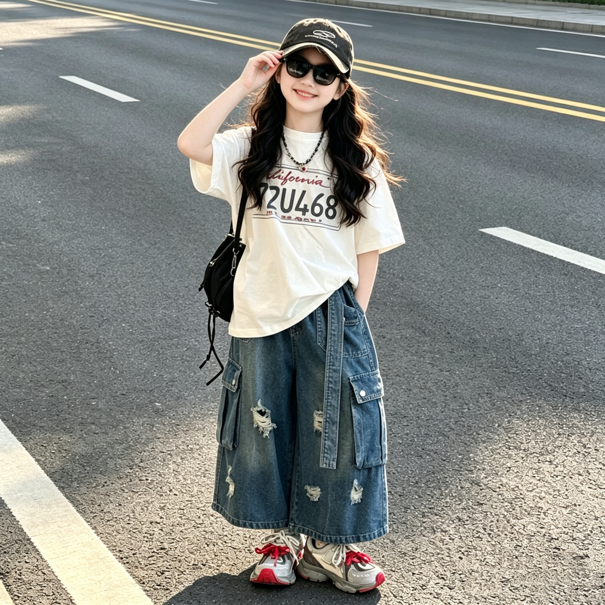 女童数字印花短袖工装七分裤套装