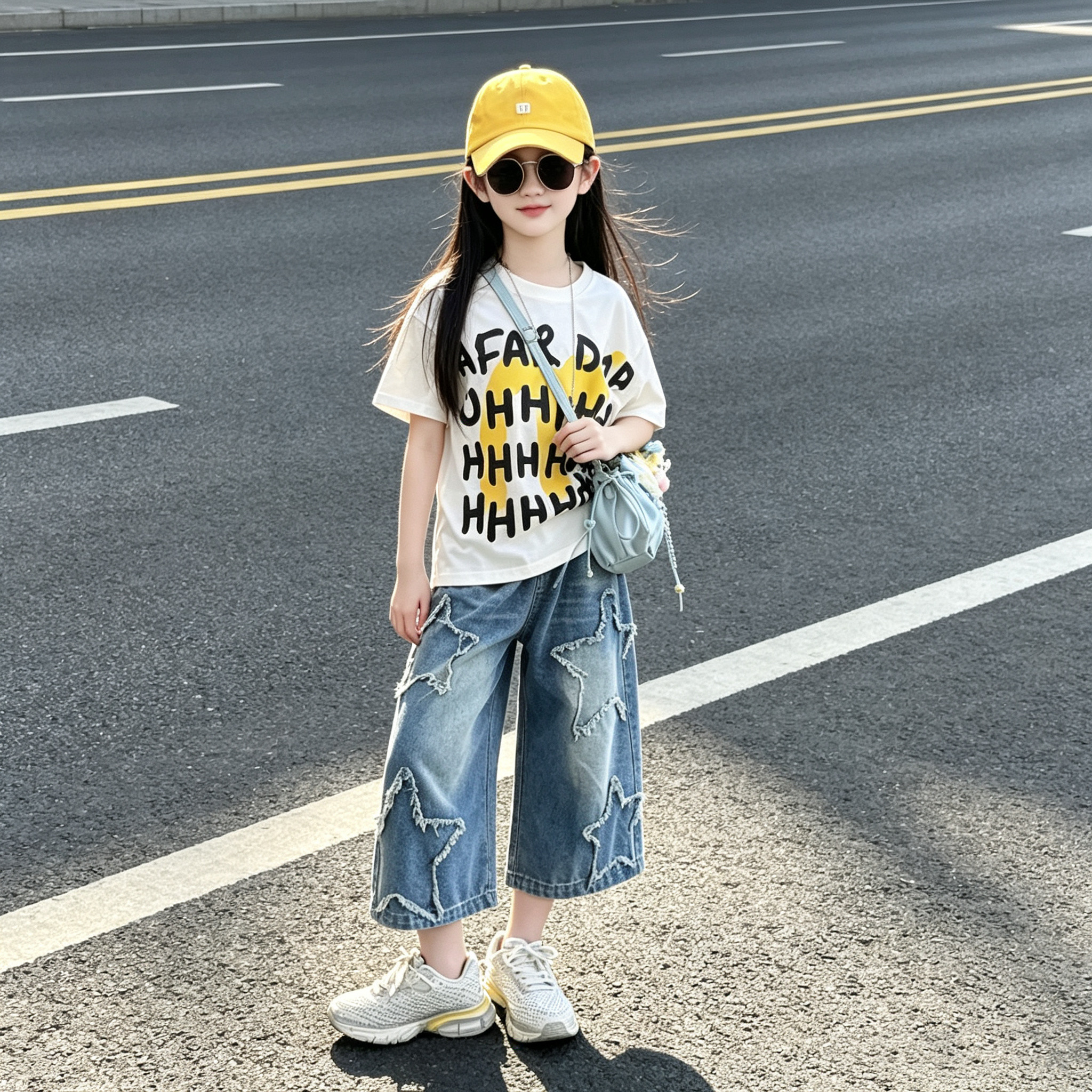 女童宽松字母短袖牛仔八分裤套装