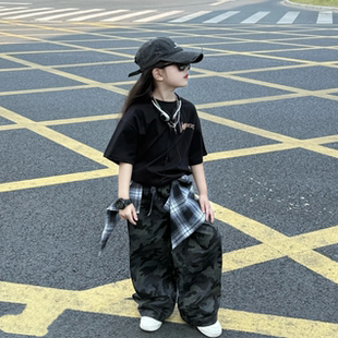 女童夏季休闲宽松短袖痞帅个性格子屁帘迷彩阔腿裤街舞爵士舞套装