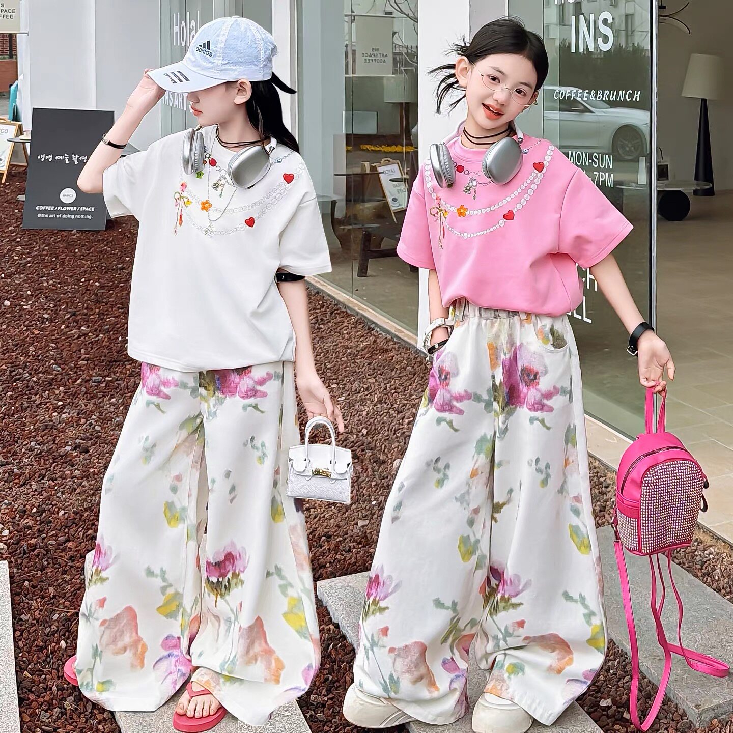 女童复古短袖彩绘花朵阔腿裤套装