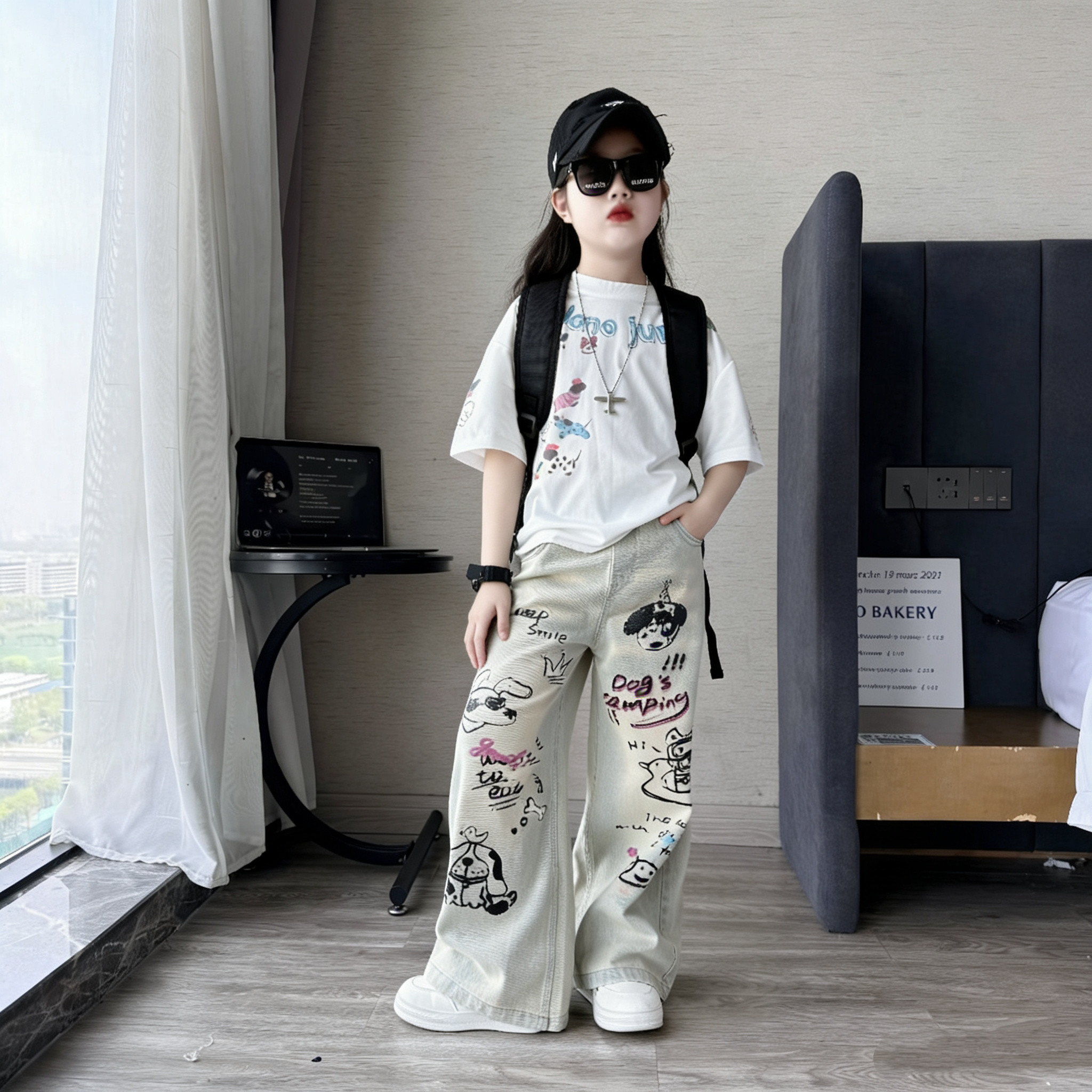 女童卡通印花短袖涂鸦牛仔裤套装