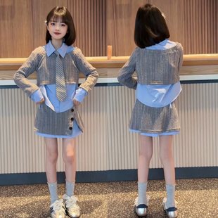 女童春季新款韩系学院风绞花针织毛衣撞色海盐蓝衬衫上衣半裙套装