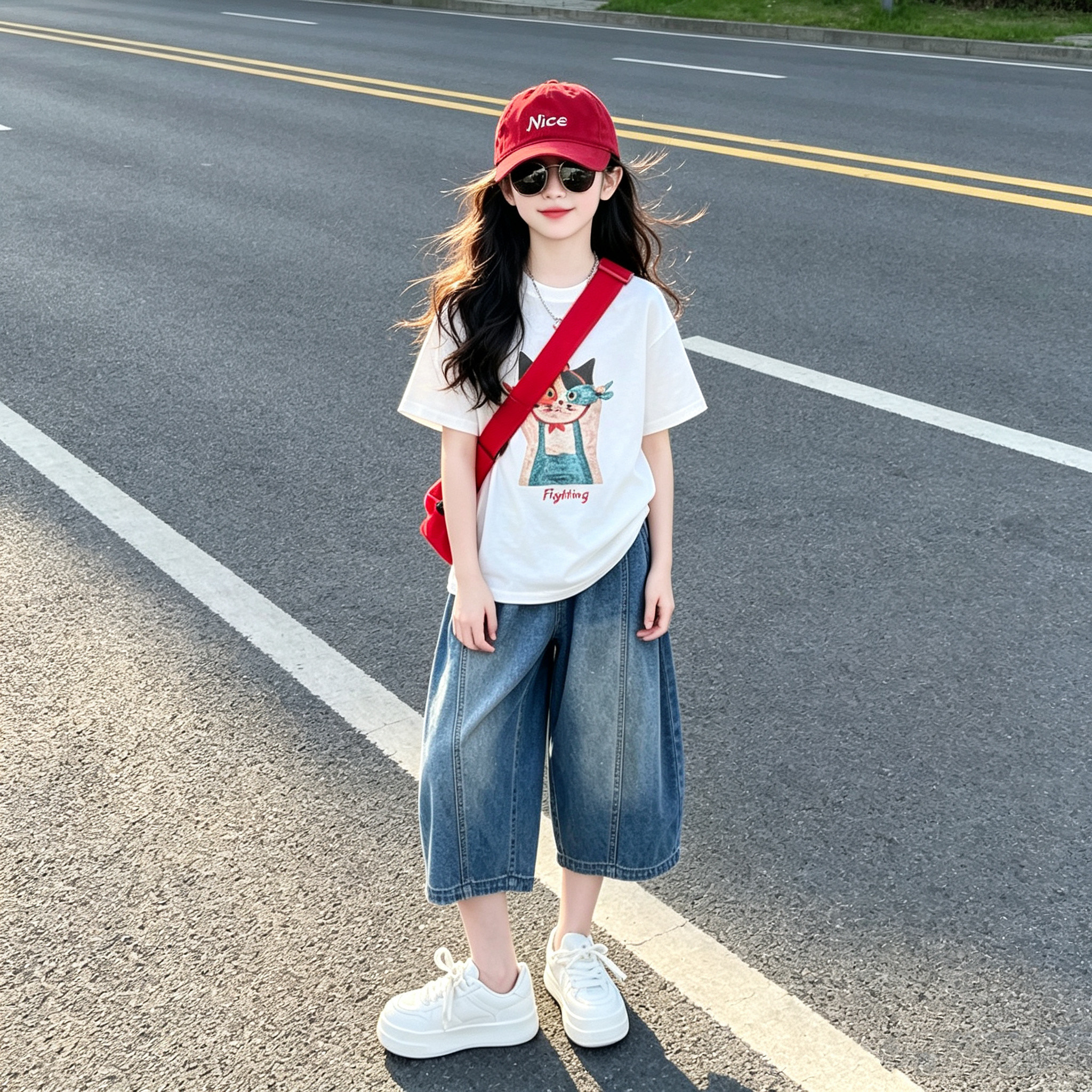 女童小猫印花短袖牛仔中裤套装