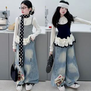 春季女童韩系芭蕾风撞色假两件荷叶边上衣卡通印花牛仔裤甜美套装