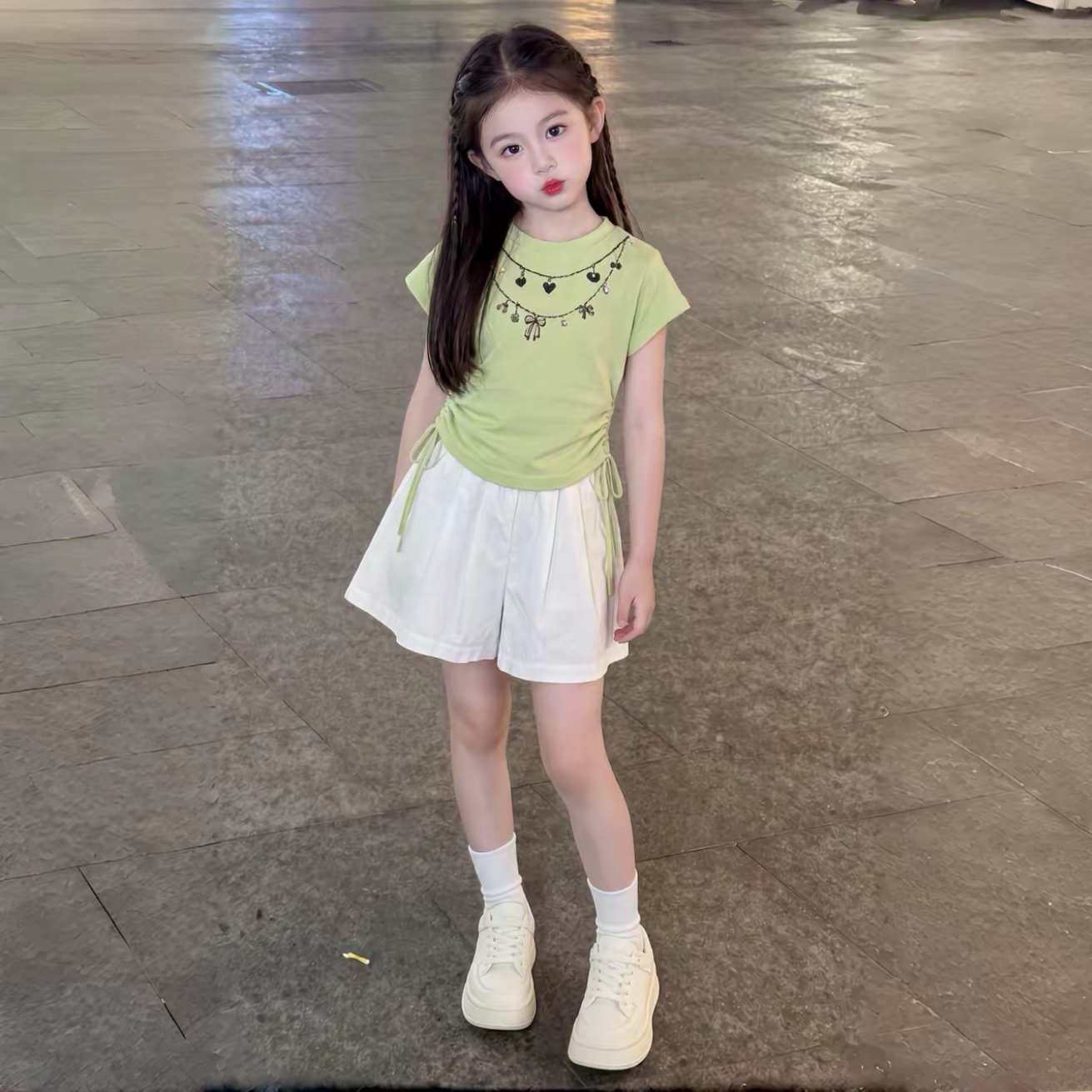 女童抽绳修身短袖短裤套装
