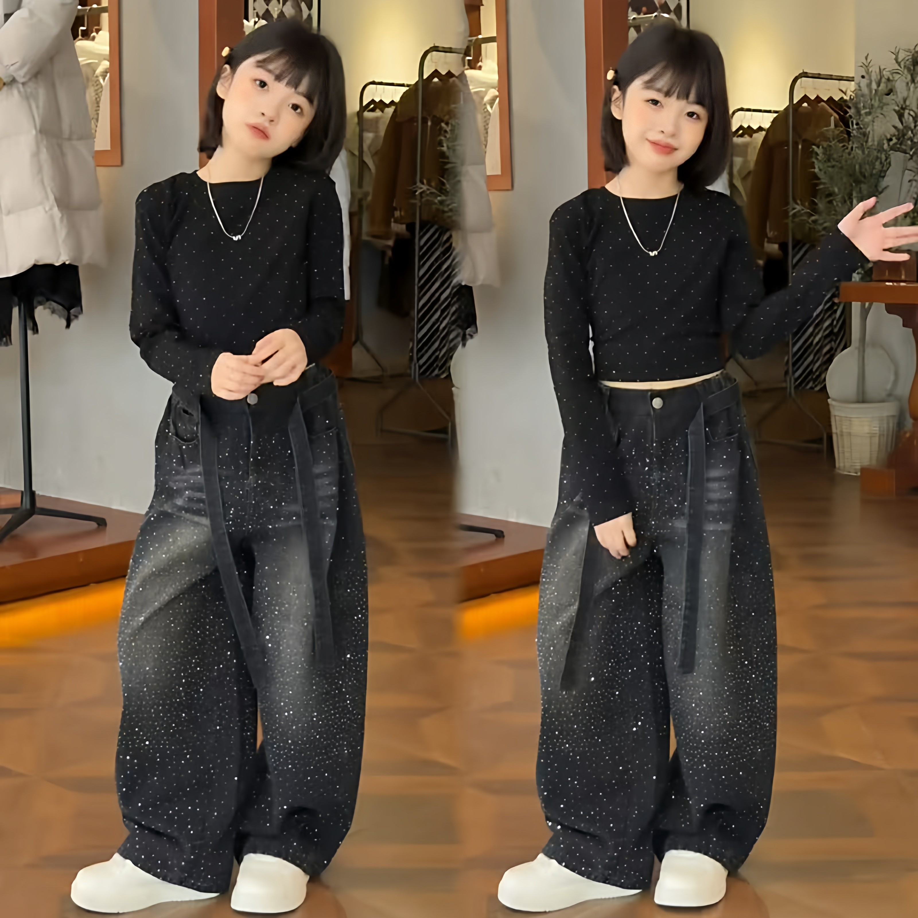 潮酷女童黑色烫钻打底衫美式复古宽松松弛感满天星牛仔阔腿裤套装