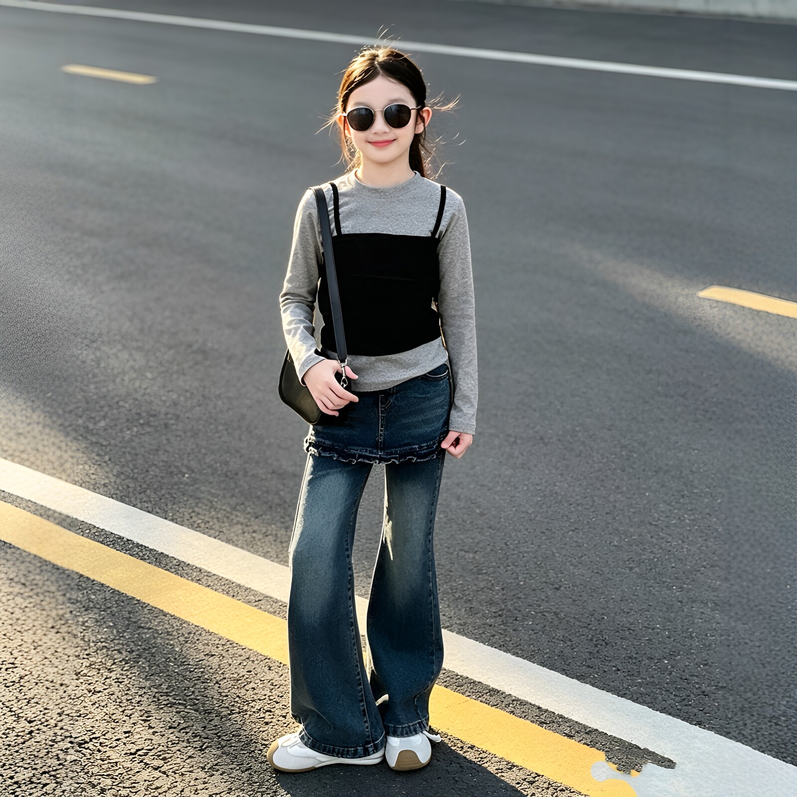女童假两件上衣屁帘喇叭裤套装
