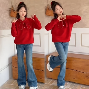 女童新年时尚红色小香风珍珠蝴蝶结毛衣洋气烫钻加绒喇叭裤套装韩