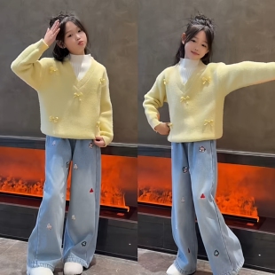 女童甜美假两件蝴蝶结半高领毛衣重工刺绣牛仔阔腿裤初中生套装潮
