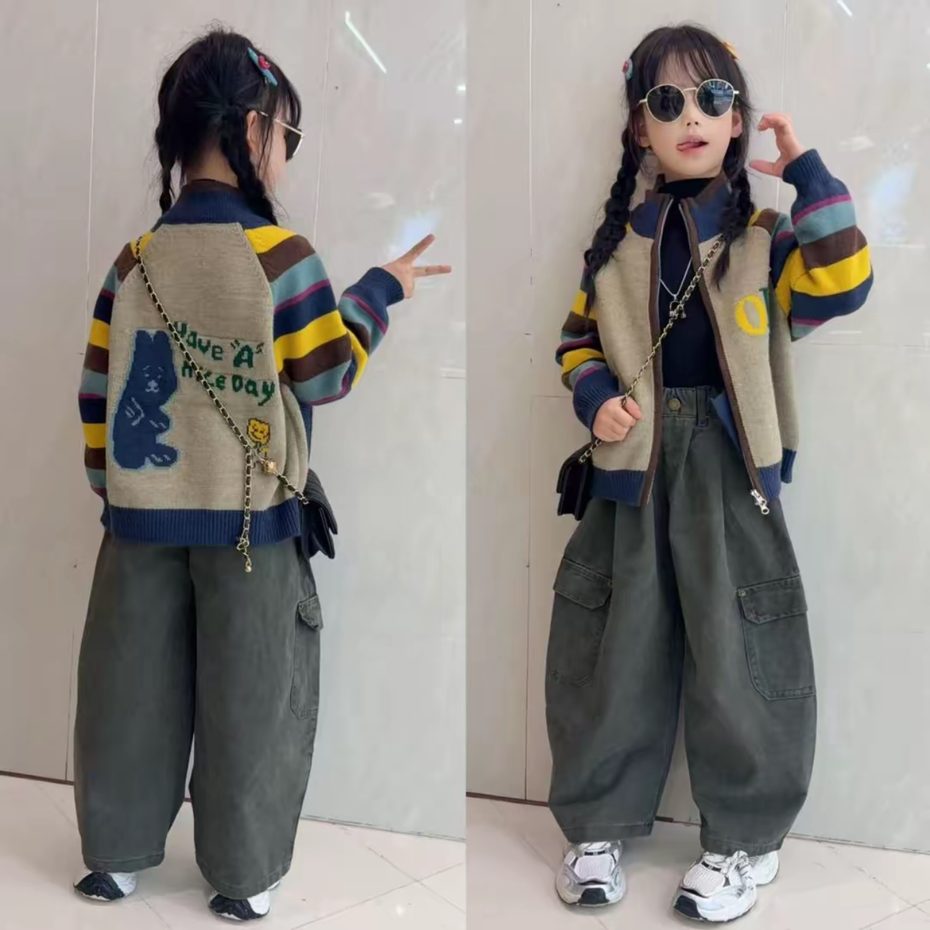 女童秋款条纹毛衣工装裤套装