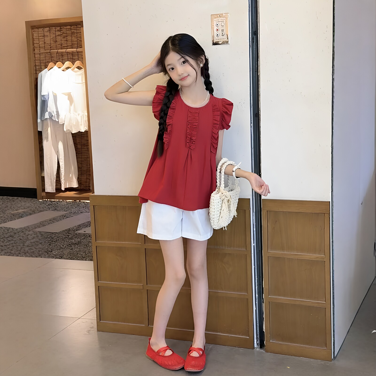 女童小飞袖娃娃衫短裤套装