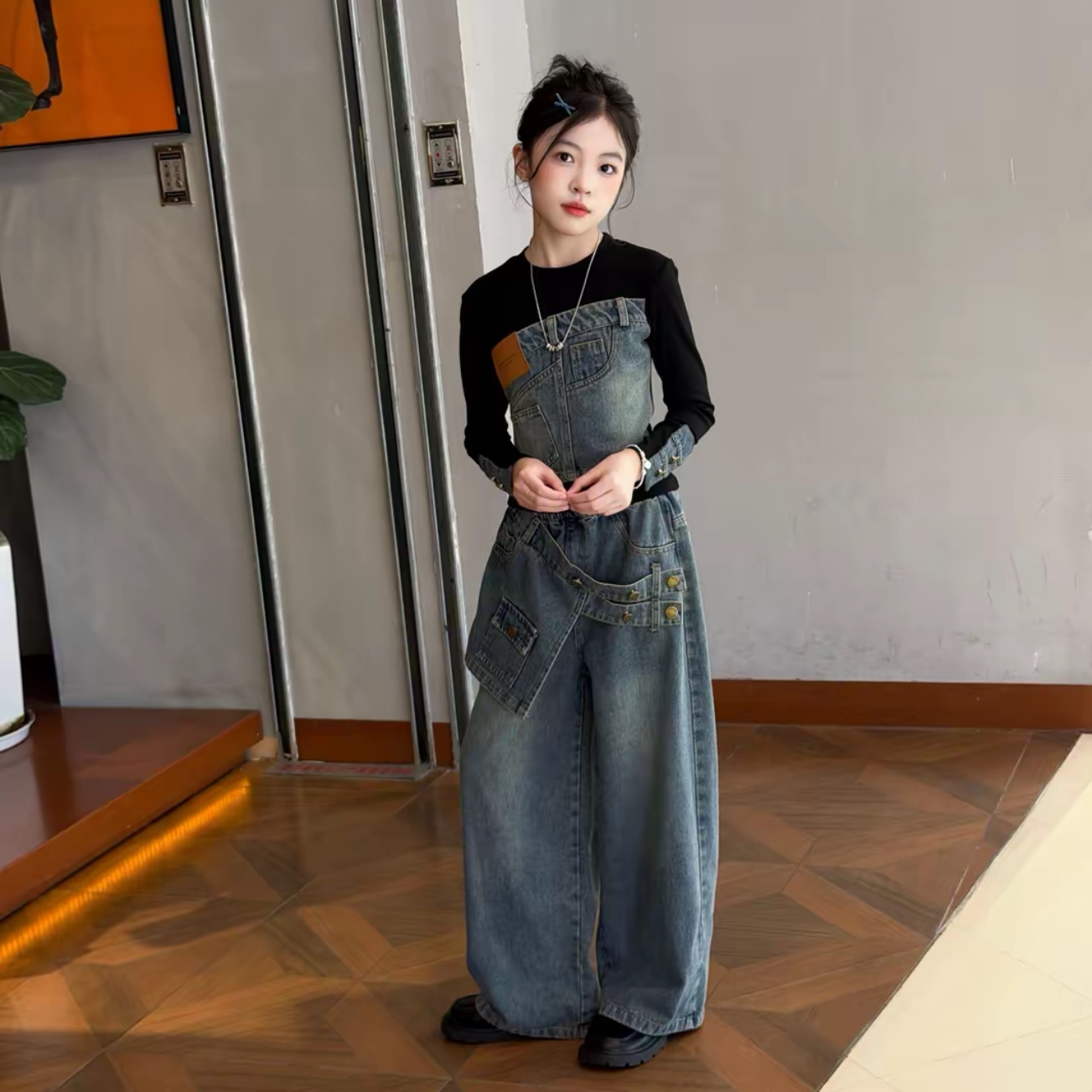 女童假两件牛仔上衣阔腿裤套装