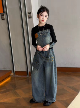 女童假两件牛仔上衣阔腿裤套装