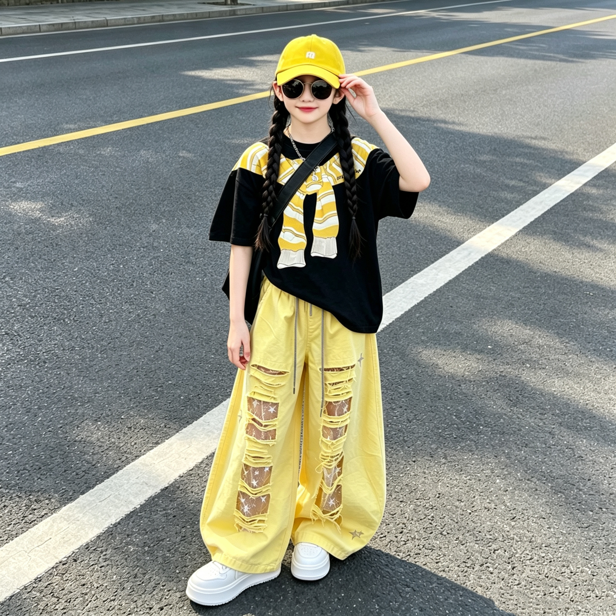 女童学院风短袖弯刀裤洋气套装潮