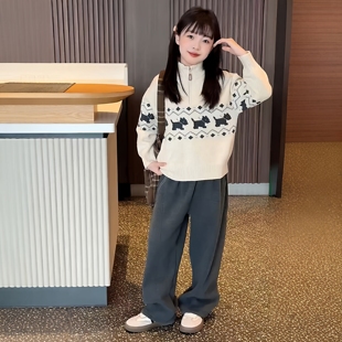 韩系POLO领半拉链女童加厚毛衣冬季新款中大童休闲百搭套头针织衫
