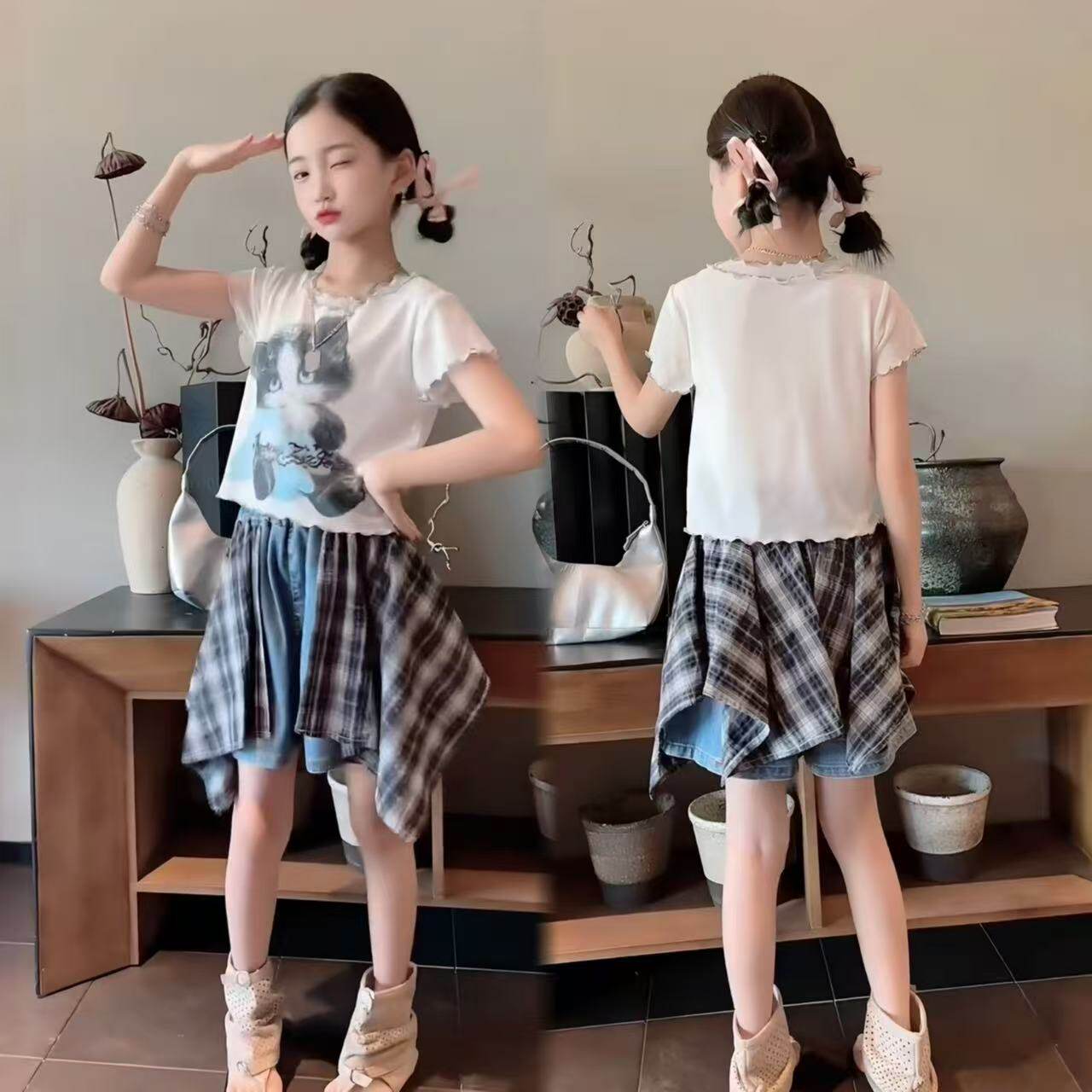女童猫咪印花短袖屁帘短裤套装