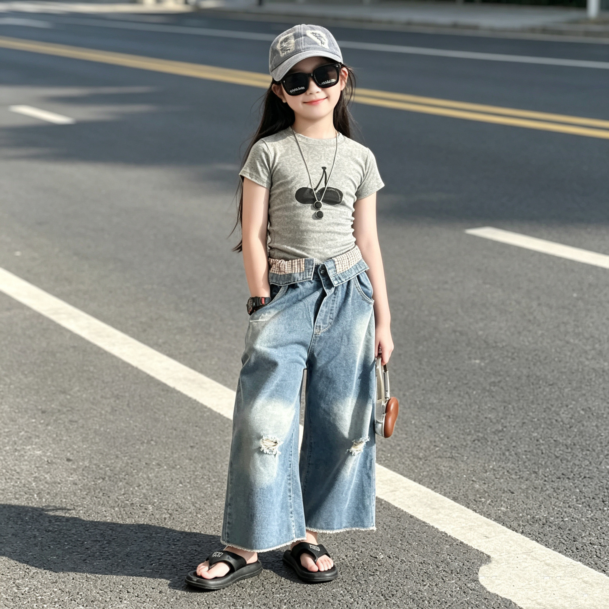 女童夏季短袖韩版拼格牛仔裤套装