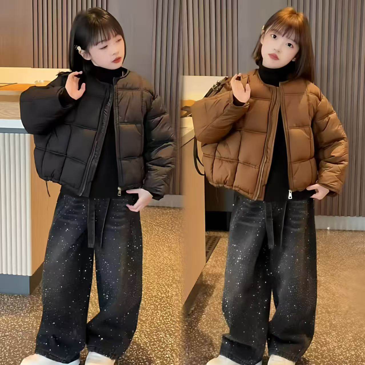 女童百搭洋气短款圆领棉服外套超火满天星烫钻爆闪牛仔裤炸街套装,童装/婴儿装/亲子装,套装,淘宝优惠券,粉丝福利购,淘宝优惠卷