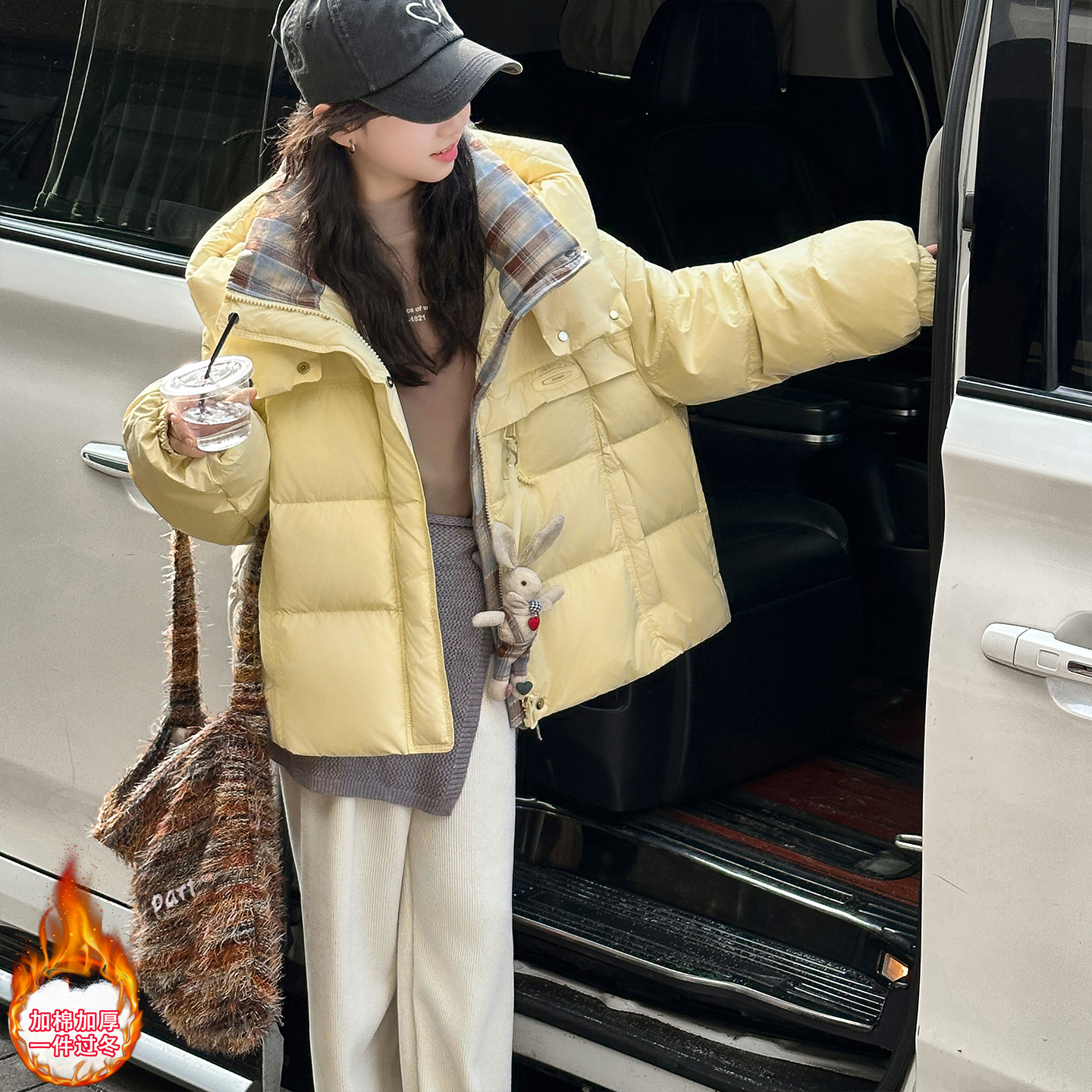 格纹拼接女童羽绒棉外套冬季