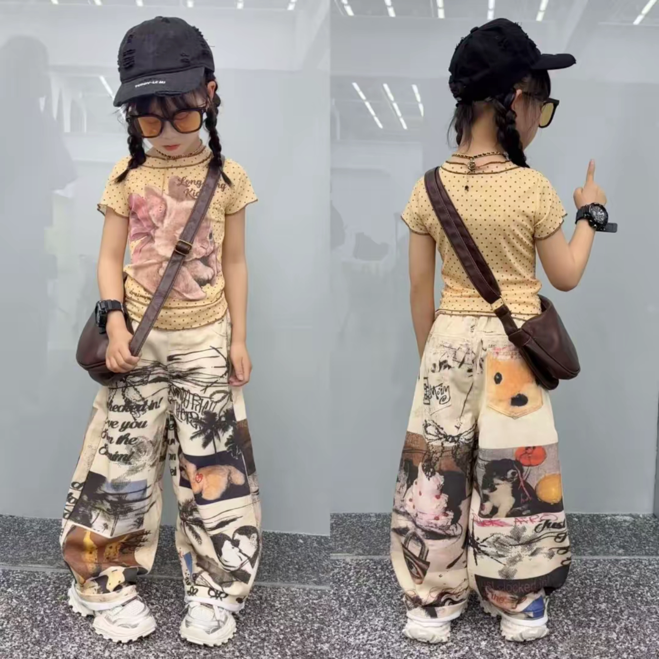 女童印花网纱短袖涂鸦牛仔裤套装