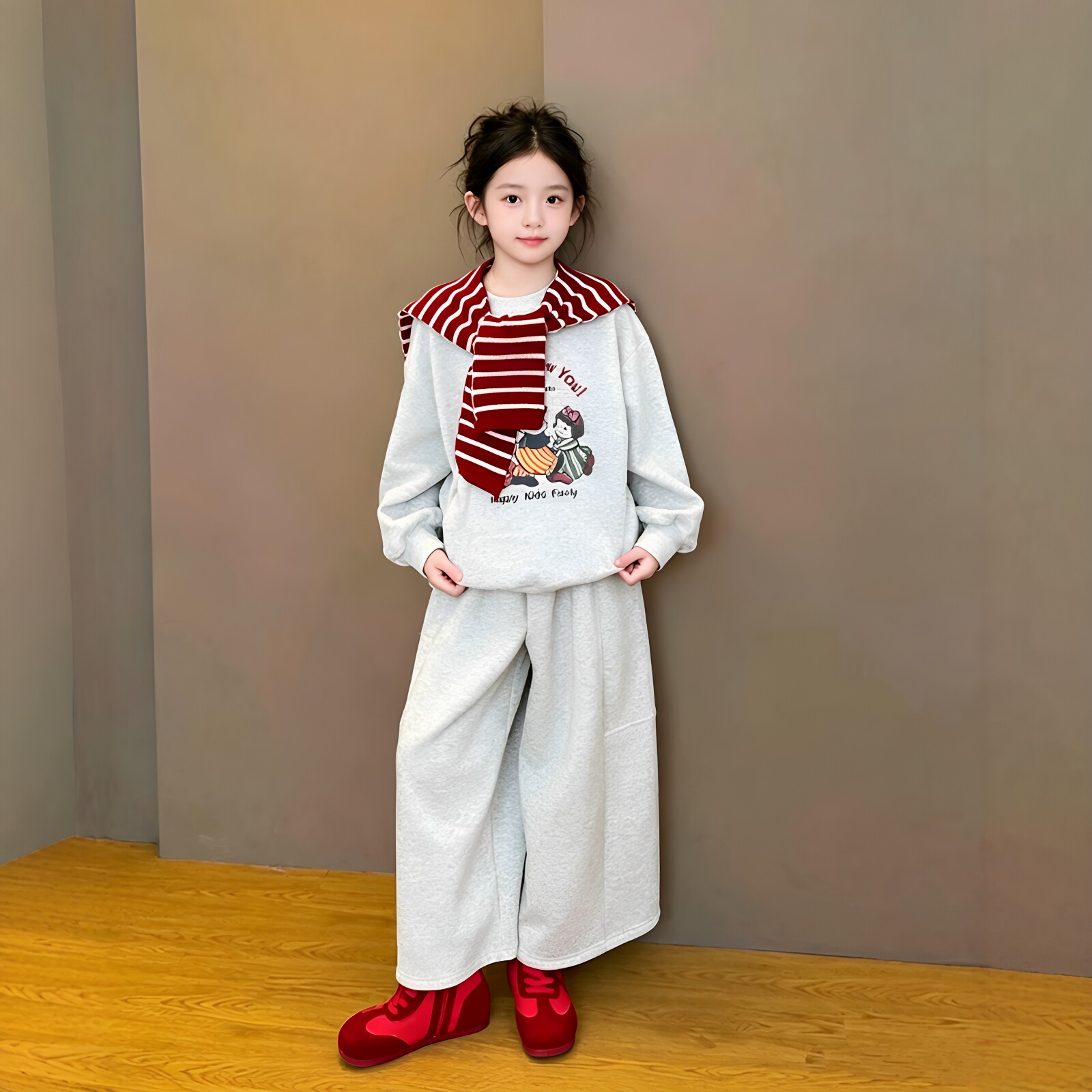 女童披肩卡通圆领卫衣阔腿裤套装