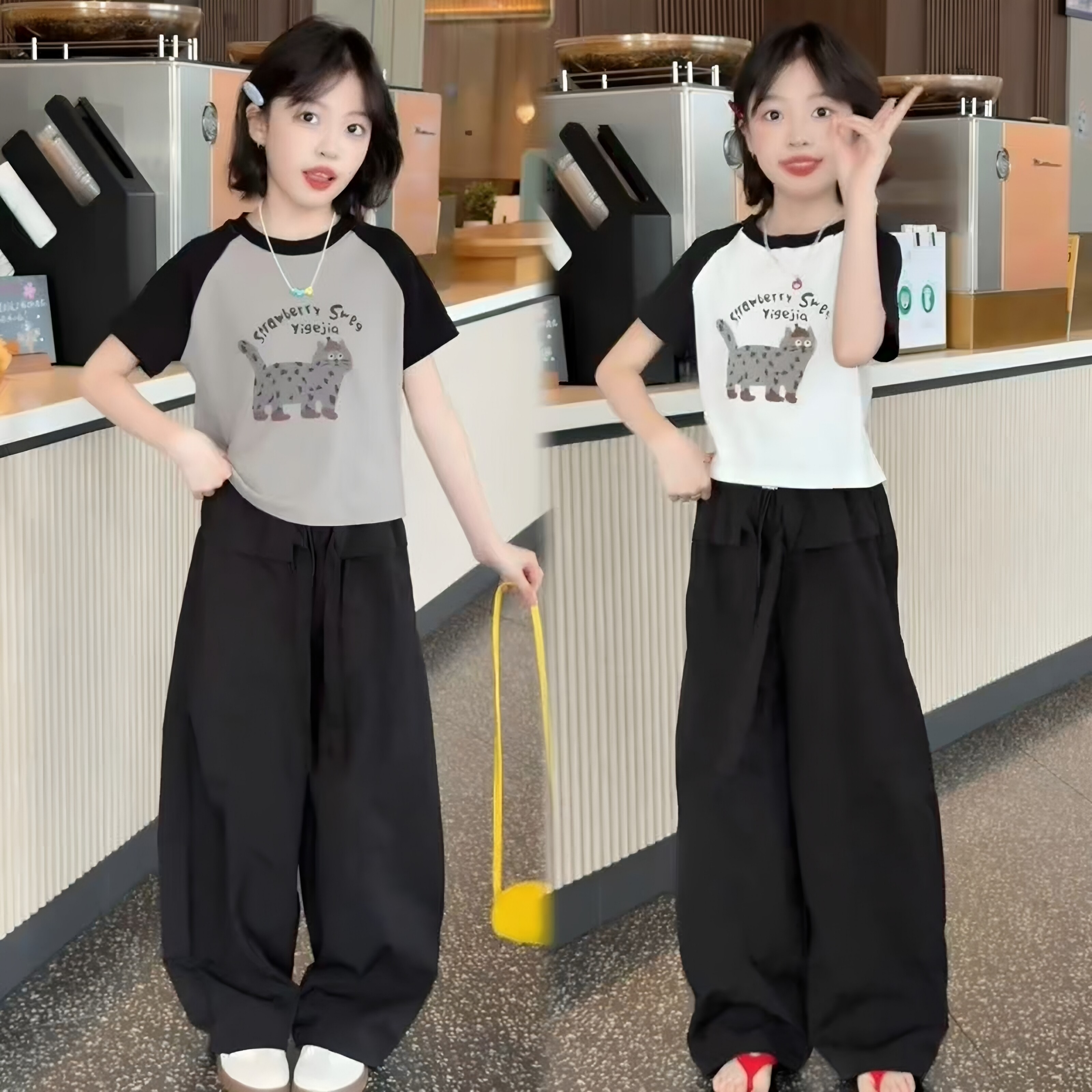 夏季女童休闲套装初中生卡通猫咪拼色短袖薄款工装裤时髦两件套韩