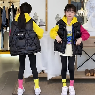 女童羽绒棉百搭黑色马甲秋冬加厚保暖初中生休闲韩版坎肩外套潮酷