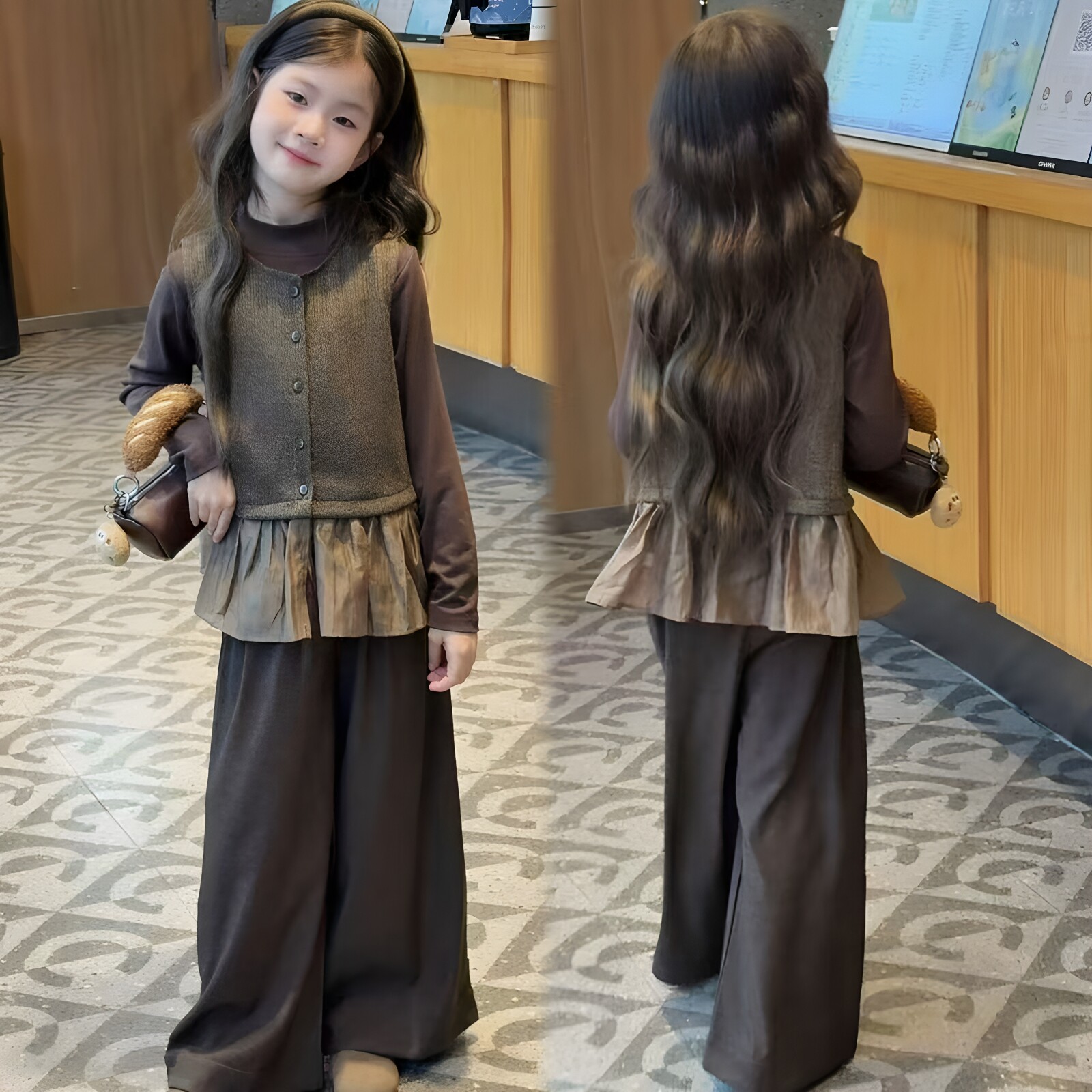 女童叠穿马甲打底衫阔腿裤三件套