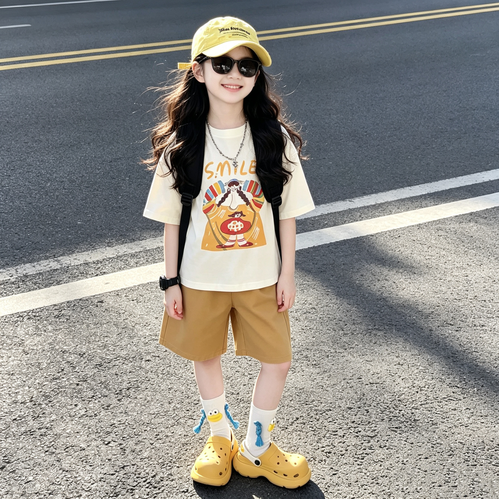 女童卡通印花T恤棉布裤两件套