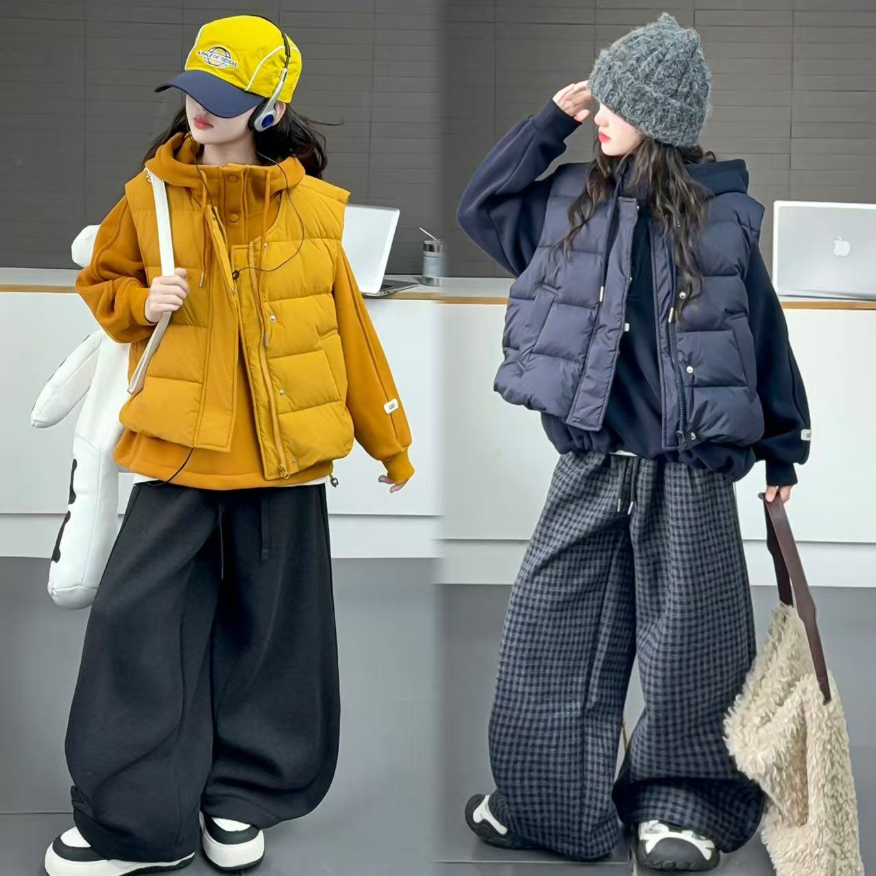 女童羽绒棉马甲卫衣运动裤套装