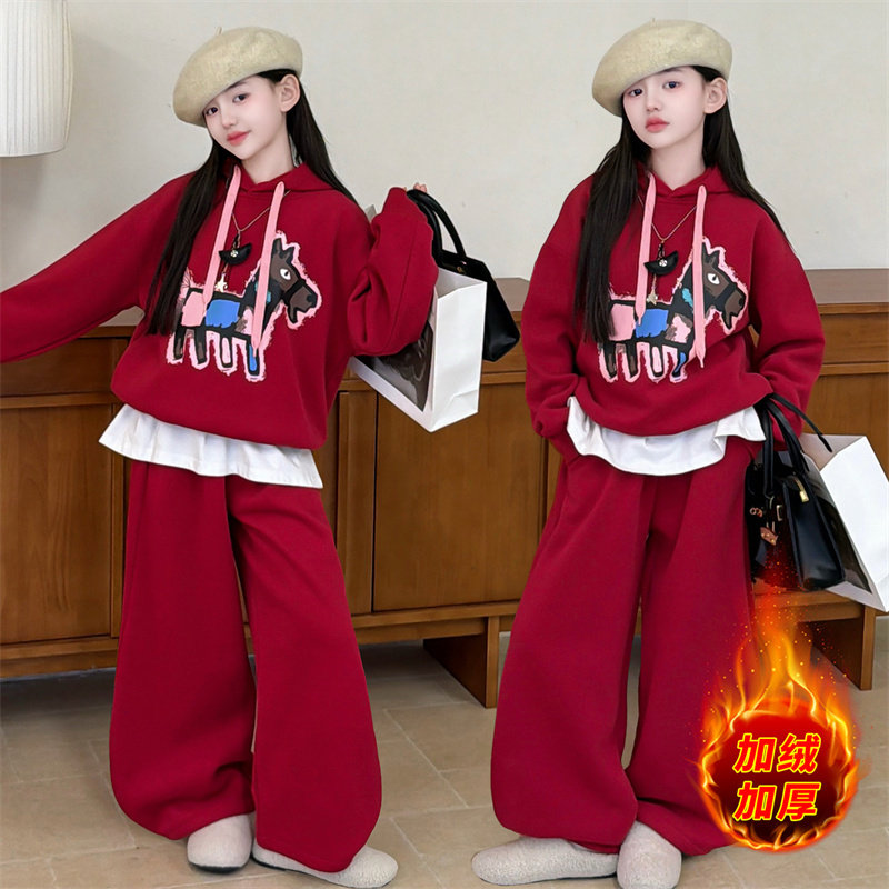 女童加绒加厚小马连帽卫衣阔腿裤拜年服冬季新款初中生红色套装潮