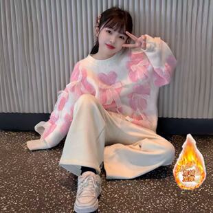 韩系甜美蝴蝶结小熊女童加厚慵懒风毛衣一体绒阔腿裤洋气套装潮酷