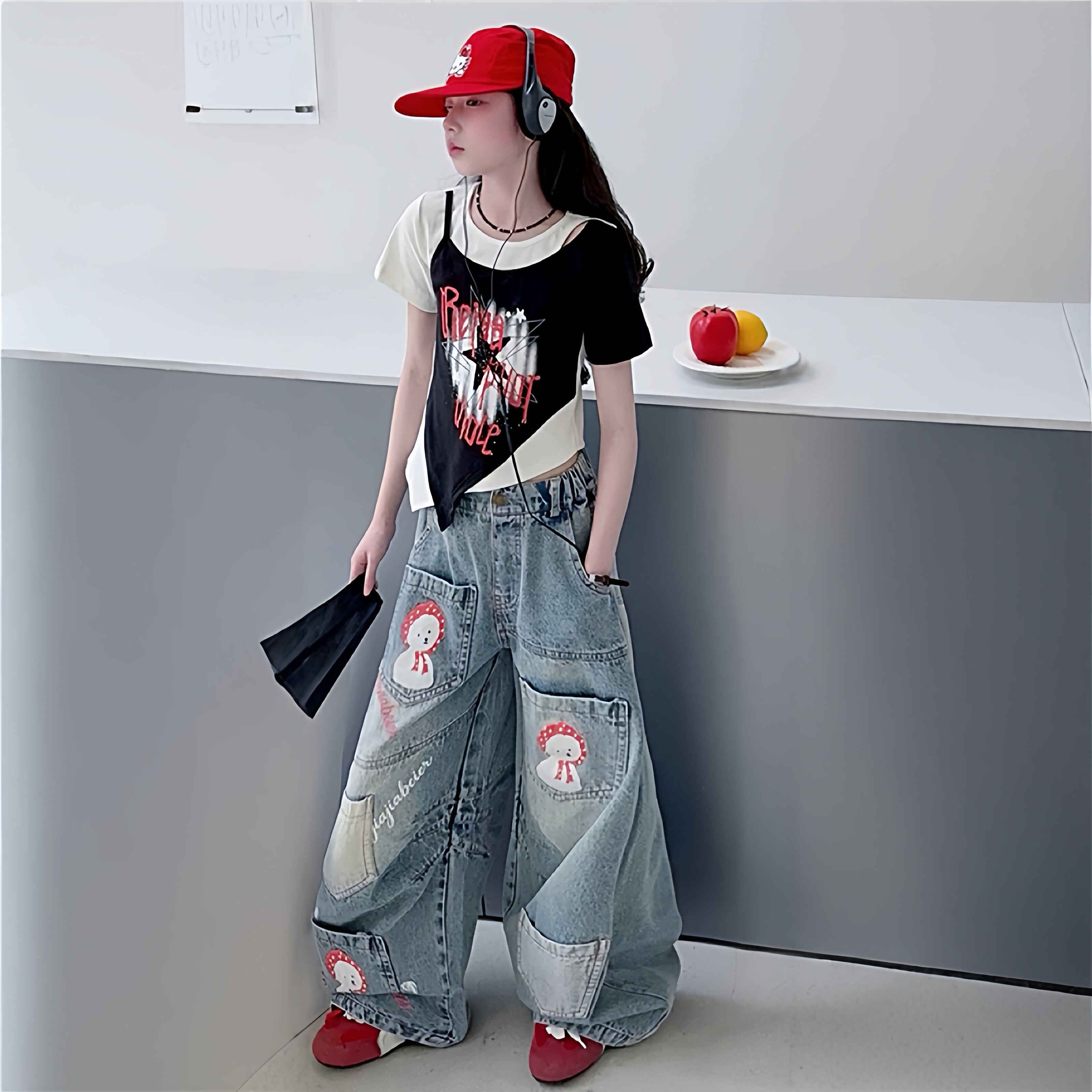 女童撞色短袖多口袋牛仔裤夏套装