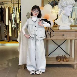 女童秋季一整套时尚复古高级感白色工装牛仔马甲阔腿裤洋气套装潮