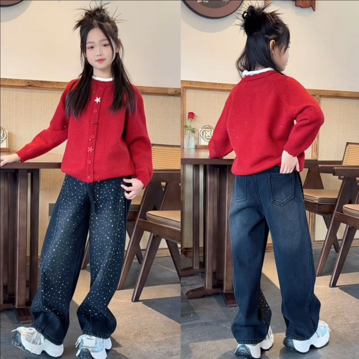 女童红色百搭本命年亮丝针织毛衣满天星烫钻牛仔弯刀裤洋气套装潮