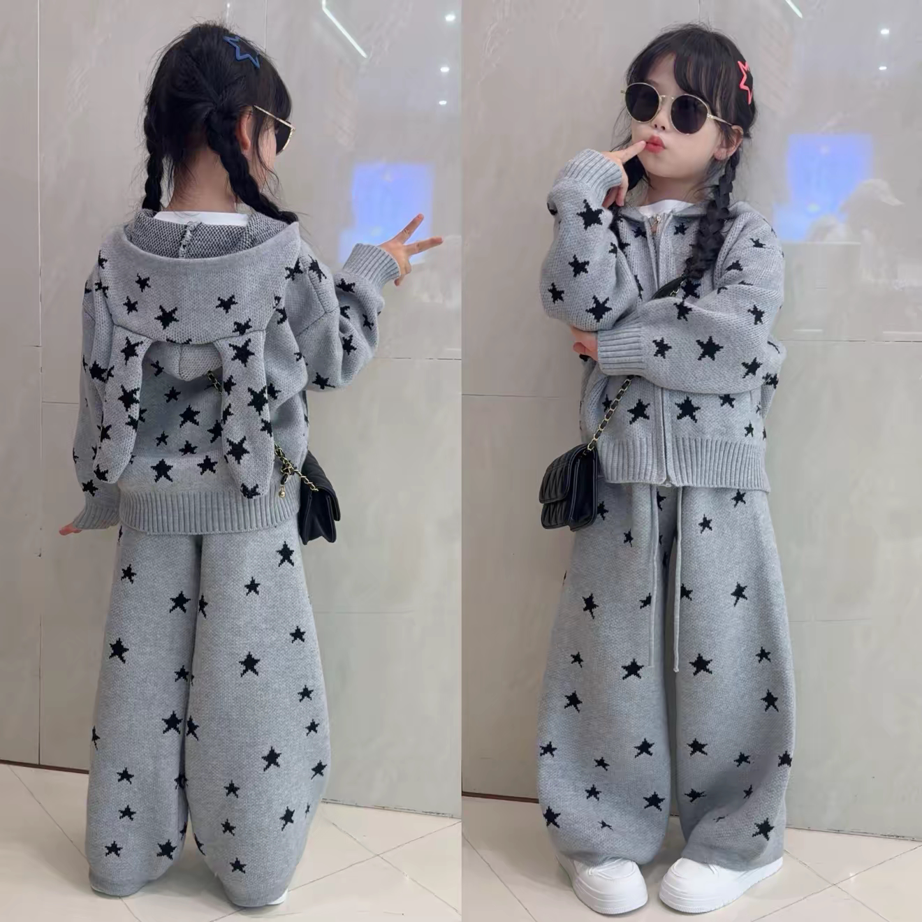 女童兔耳朵毛衣外套阔腿裤套装