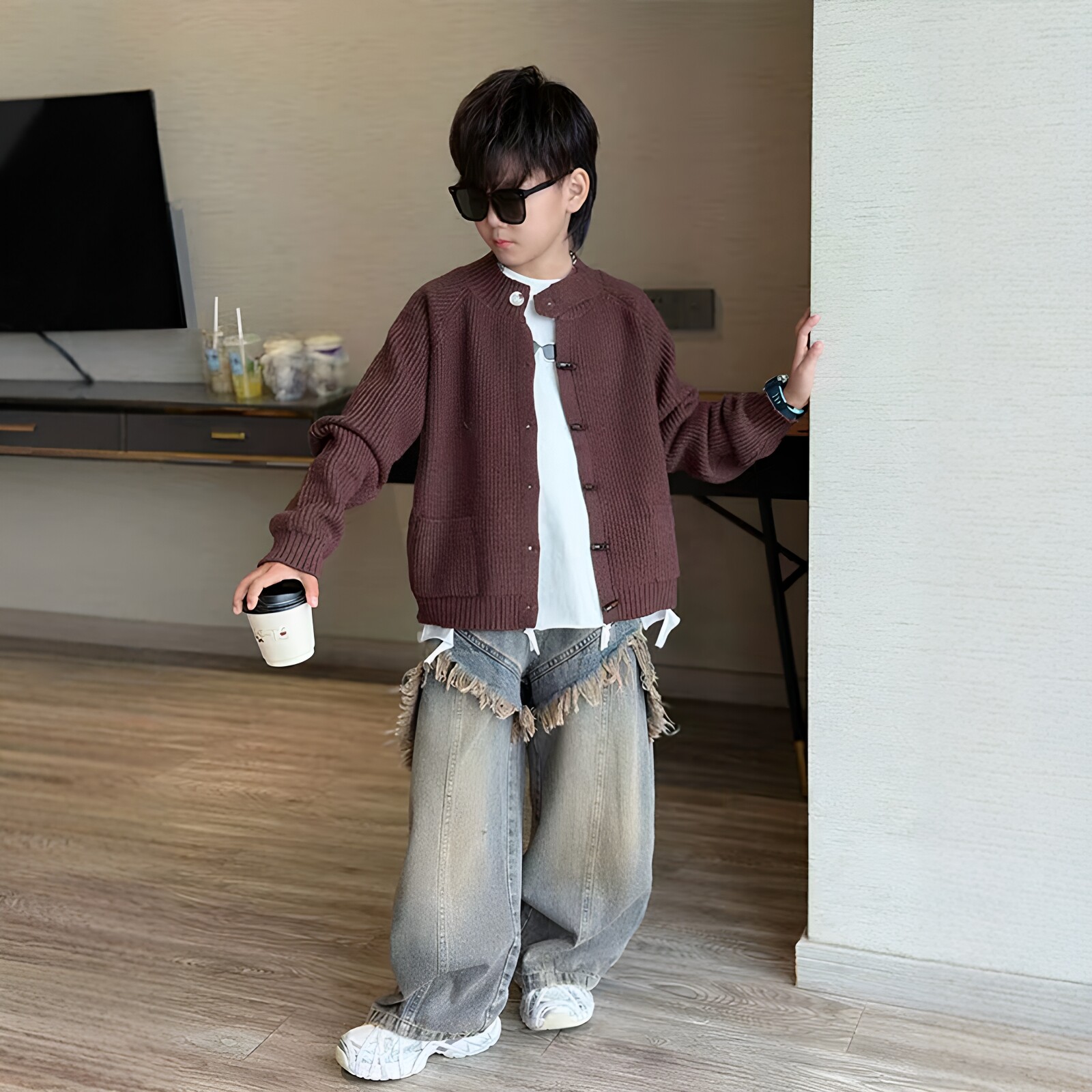 男童复古美拉德色毛衣牛仔裤套装