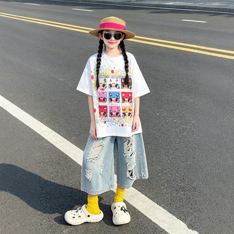 女童卡通涂鸦短袖美式破洞裤套装