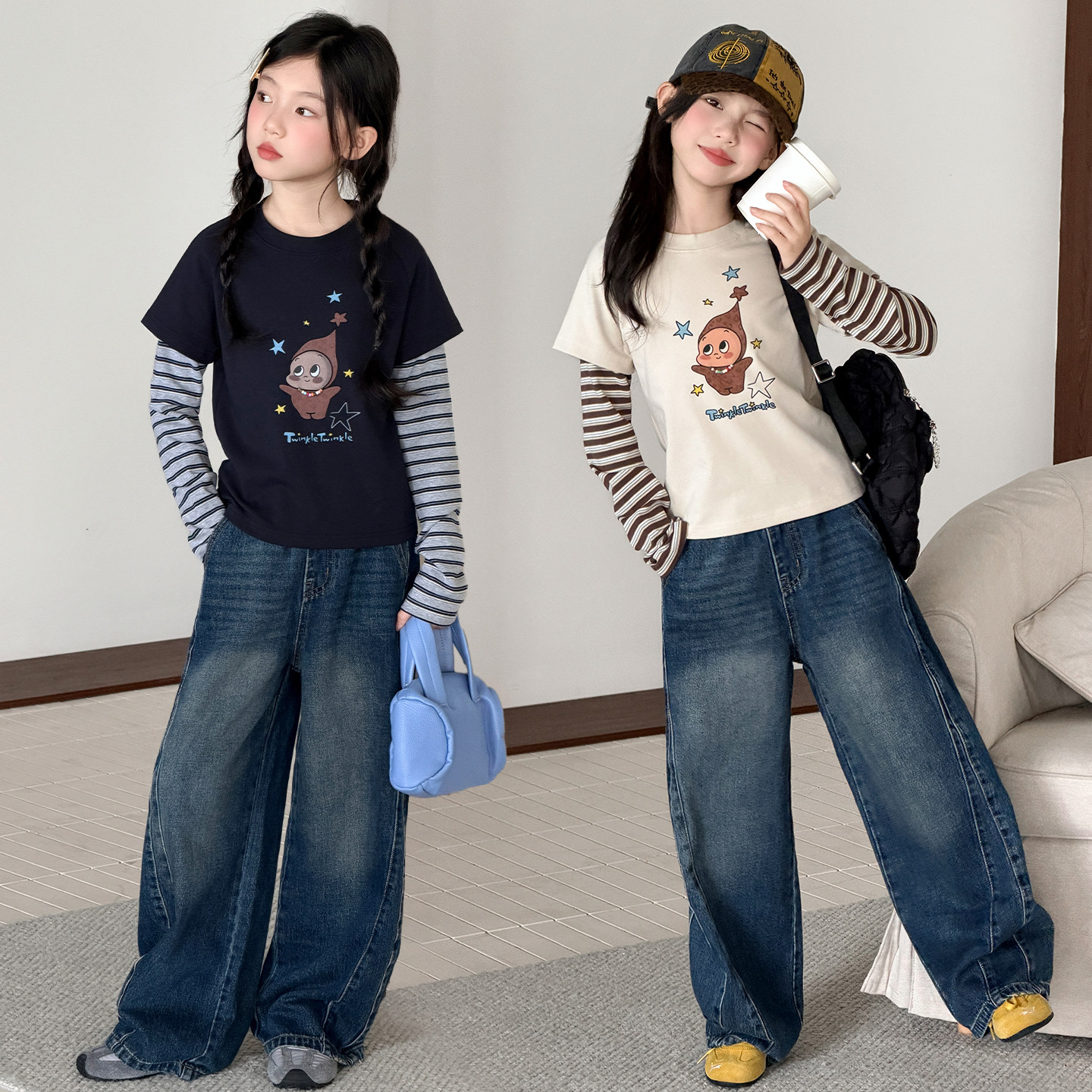 女童卡通印花上衣牛仔裤套装