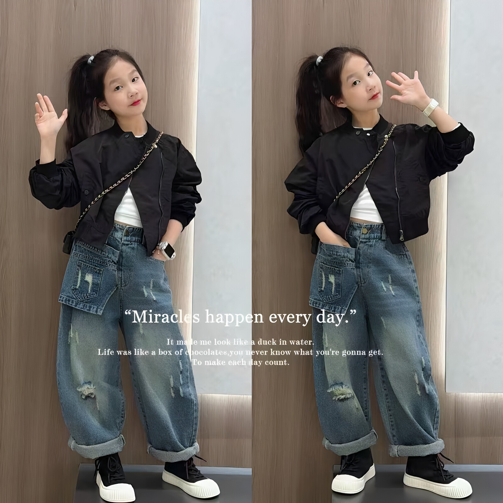 女童棒球服牛仔裤休闲套装
