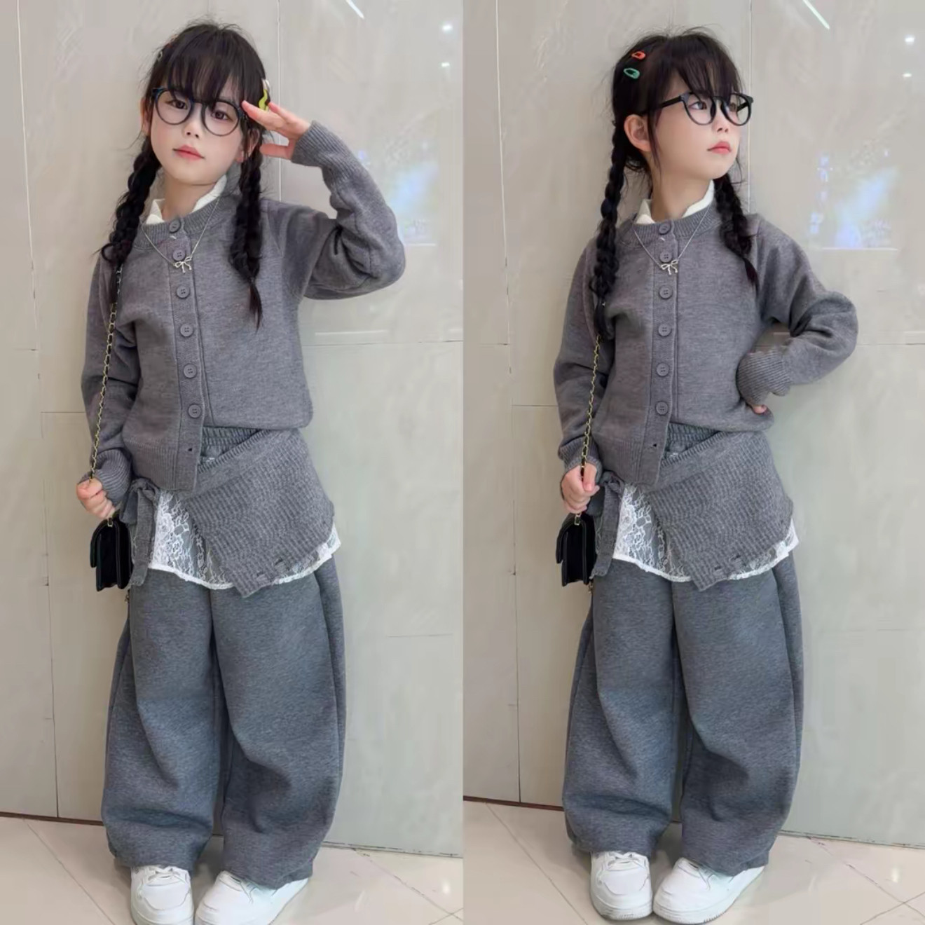 女童毛衣开衫蕾丝屁帘阔腿裤套装