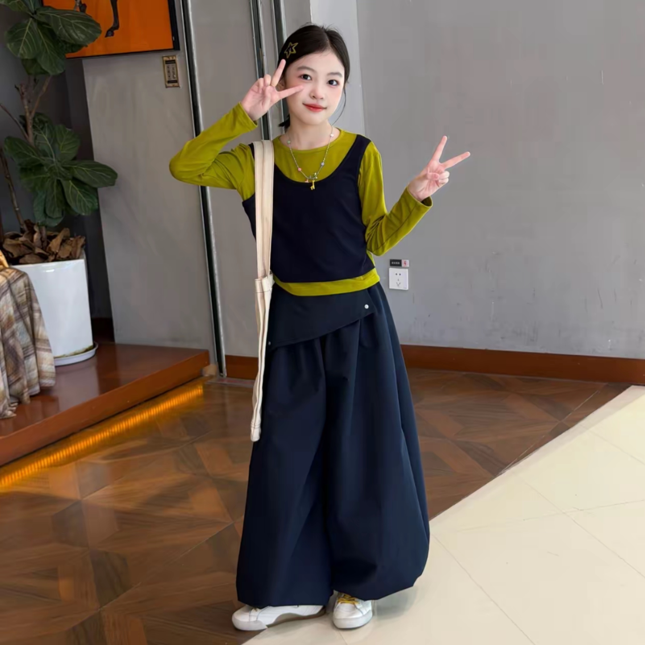 女童撞色长袖打底衫阔腿裤套装