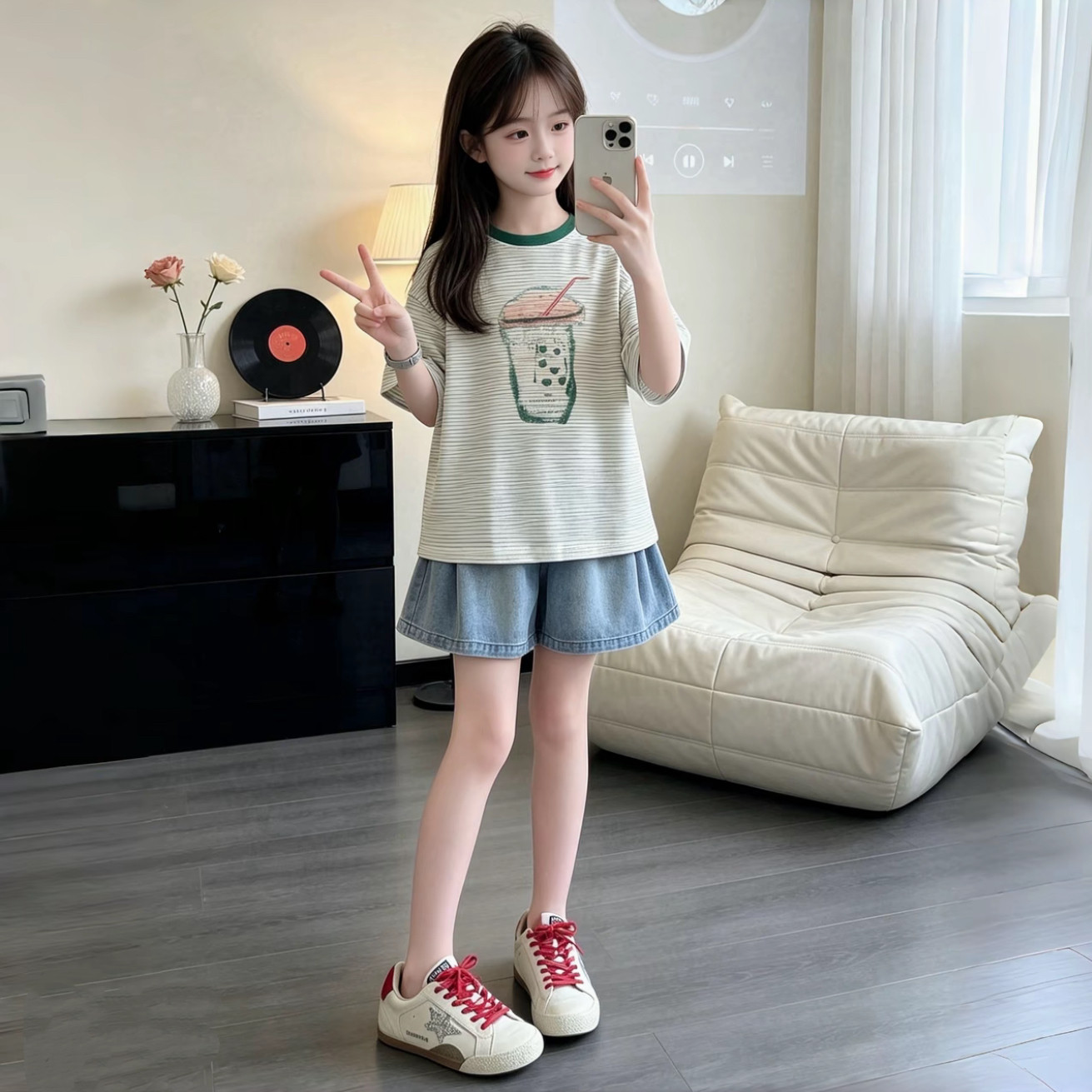 女童时尚条纹短袖牛仔裙裤套装