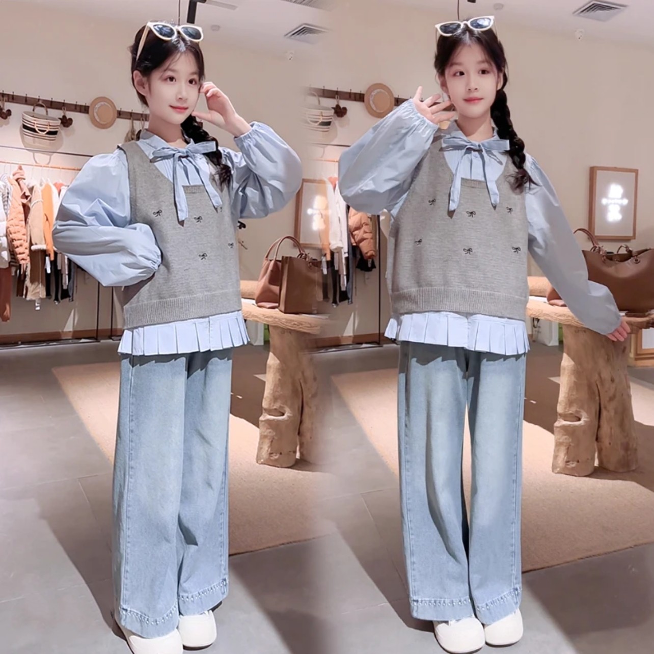 女童蝴蝶结衬衫背心牛仔裤三件套