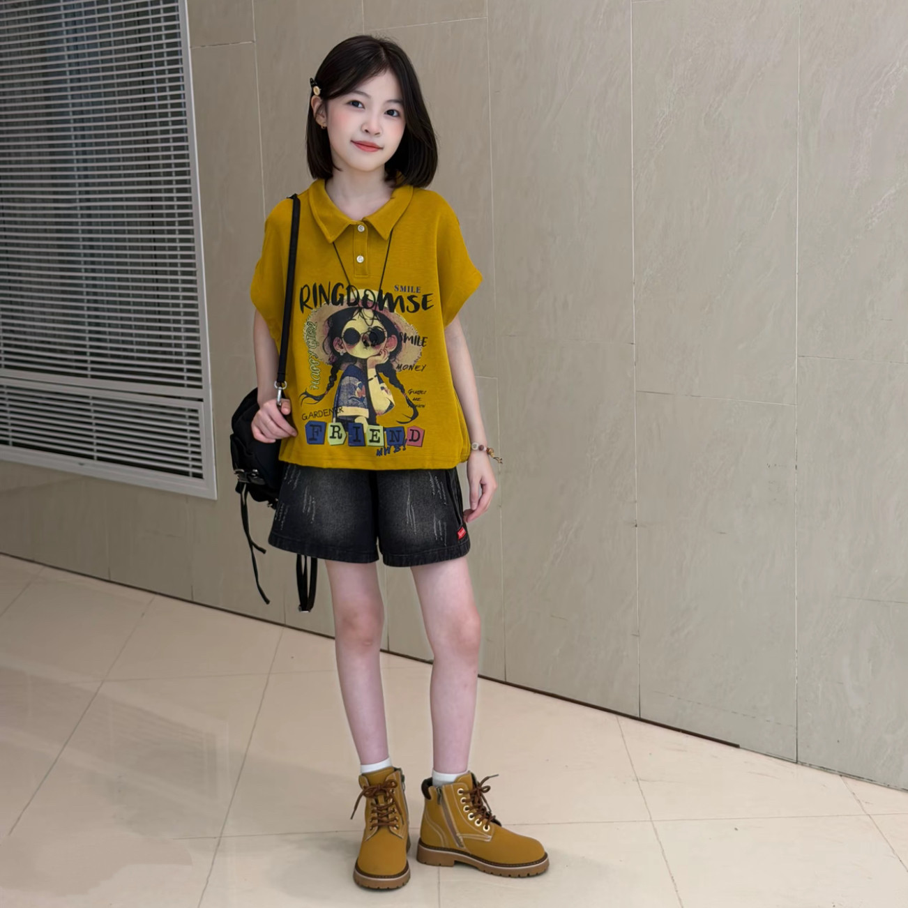 女童短袖黑色牛仔短裤套装