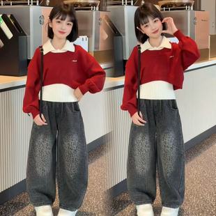 女童超好看新年红色设计感叠穿两件套毛衣美式复古豹纹弯刀裤套装